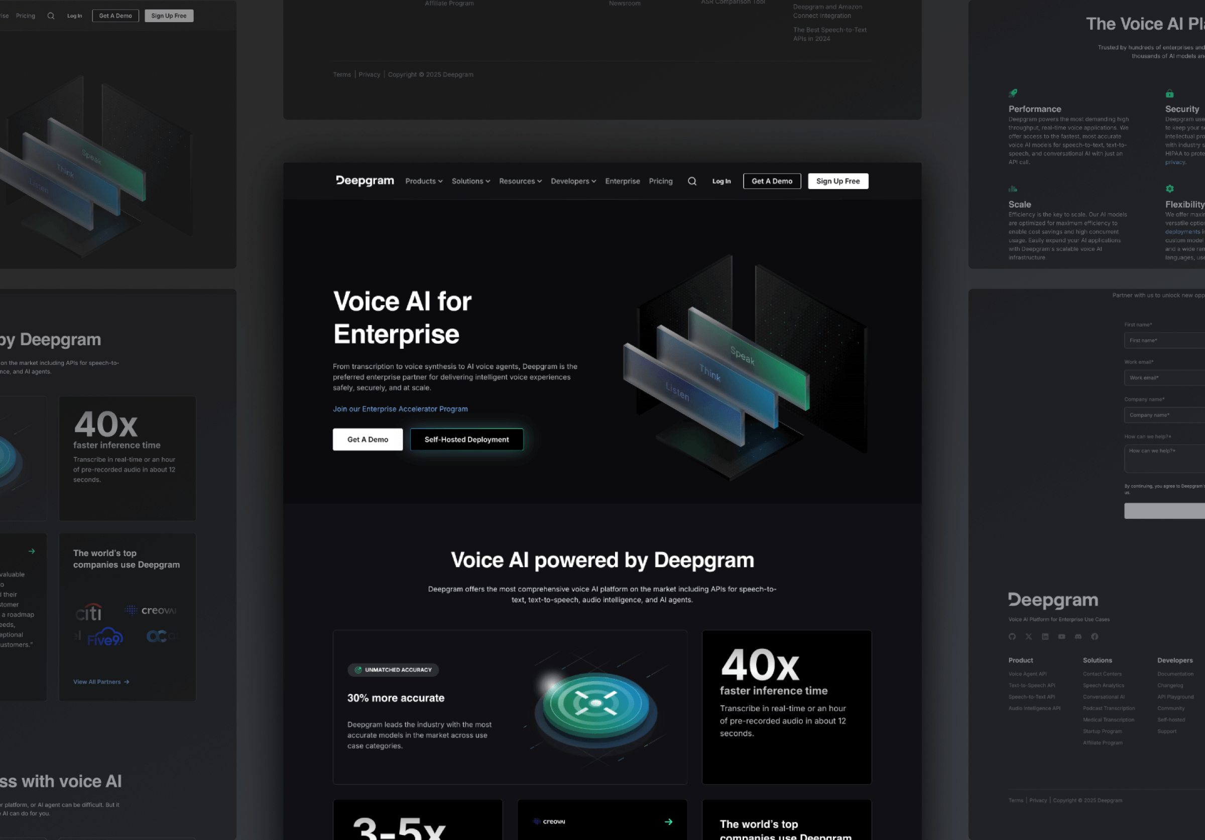 Website layout for Deepgram, showcasing voice AI solutions for enterprises with features and promotional sections.