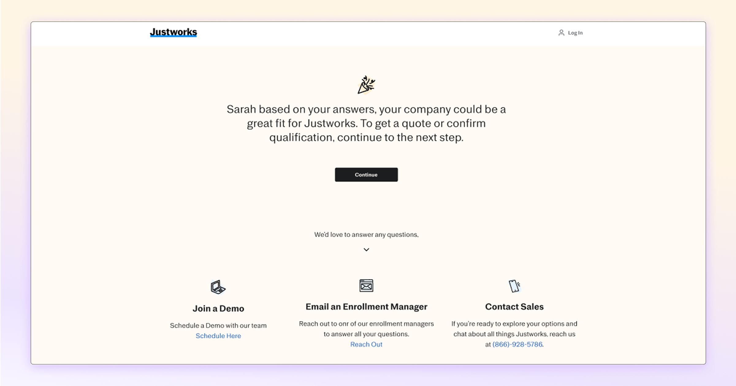 Justworks webpage prompting user to confirm qualification and providing contact options for assistance.