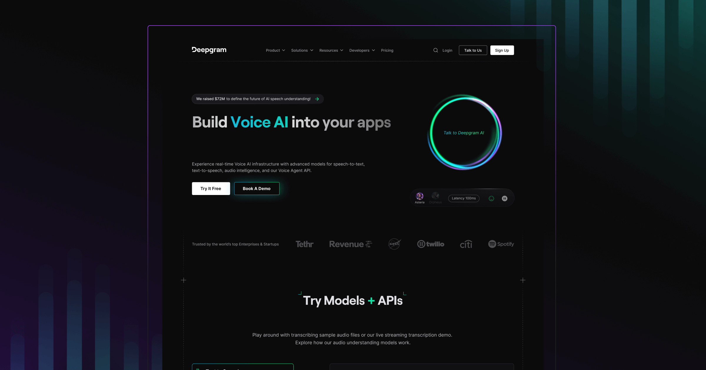 Deepgram website showcasing Voice AI solutions with options to try models and book a demo on a dark background.