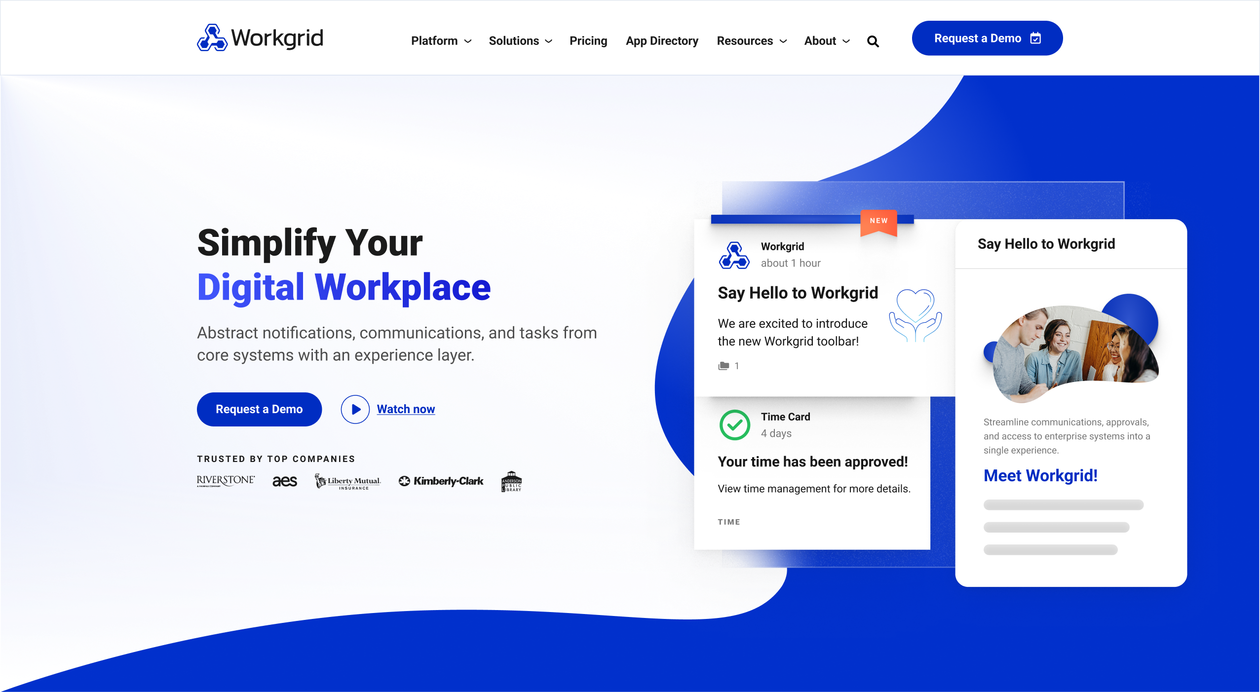 Homepage of Workgrid, promoting a digital workplace with notifications and task management features.
