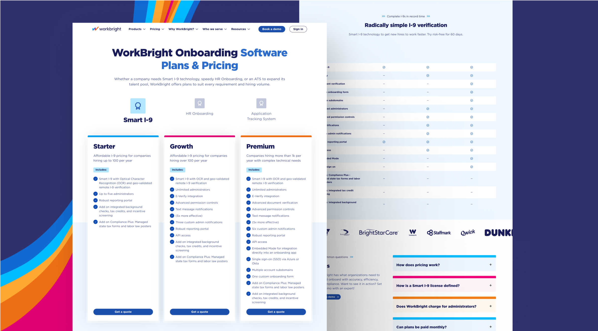 Screenshot of the WorkBright onboarding software plans and pricing page, featuring different service tiers and FAQs.