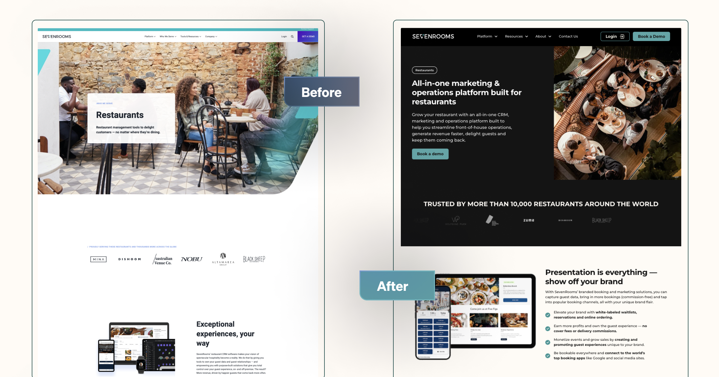 Comparison of a restaurant management platform website's old and new design, showing enhanced features and visuals.