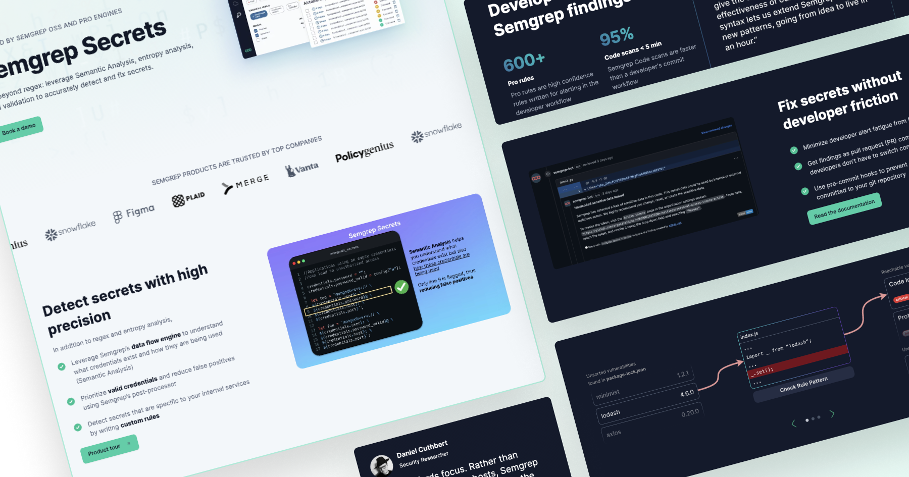 Landing page for Semgrep Secrets highlighting features like semantic analysis, detecting secrets, and developer insights.