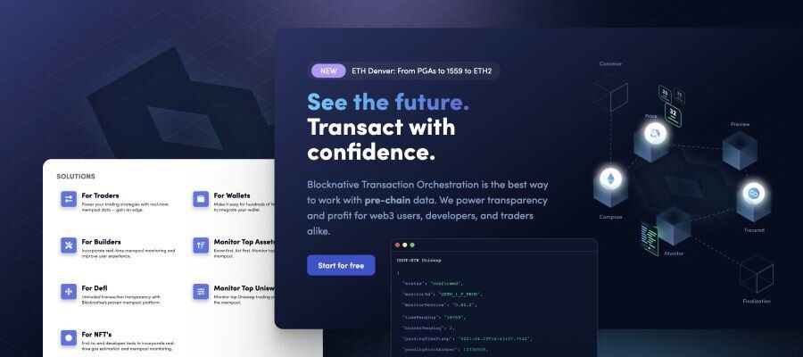 Promotional graphic for Blocknative depicting solutions for web3 users, emphasizing transaction confidence and data transparency.