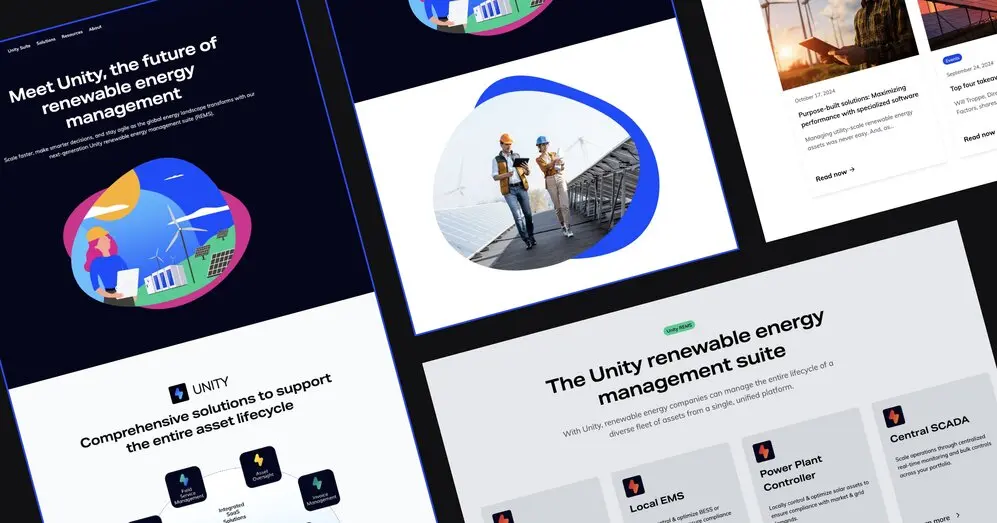 A collage of web pages showcasing renewable energy management solutions by Unity, highlighting their technology and services.