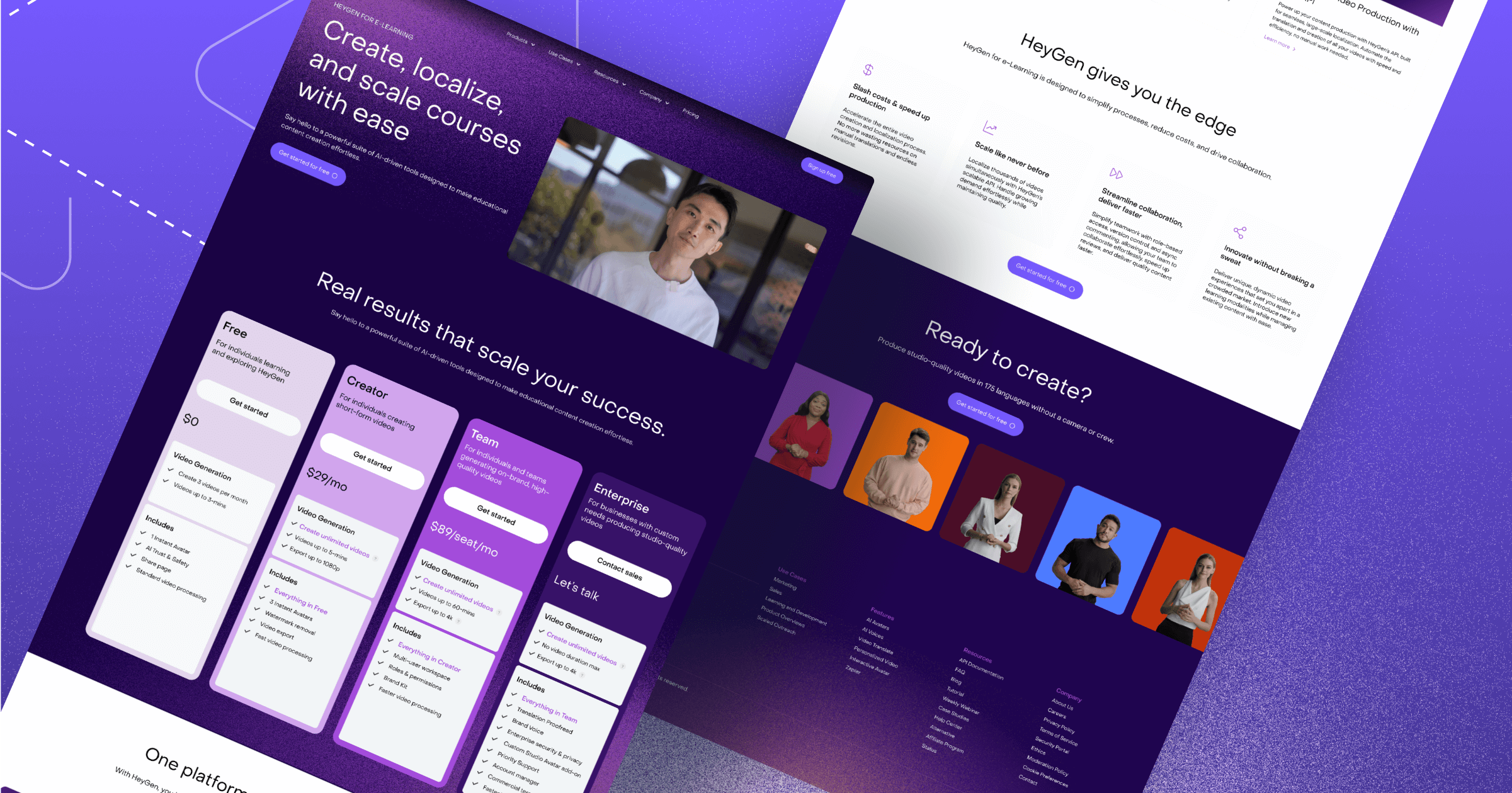 Website mockup for HeyGen, showcasing e-learning tools and subscription plans for video generation and course creation.