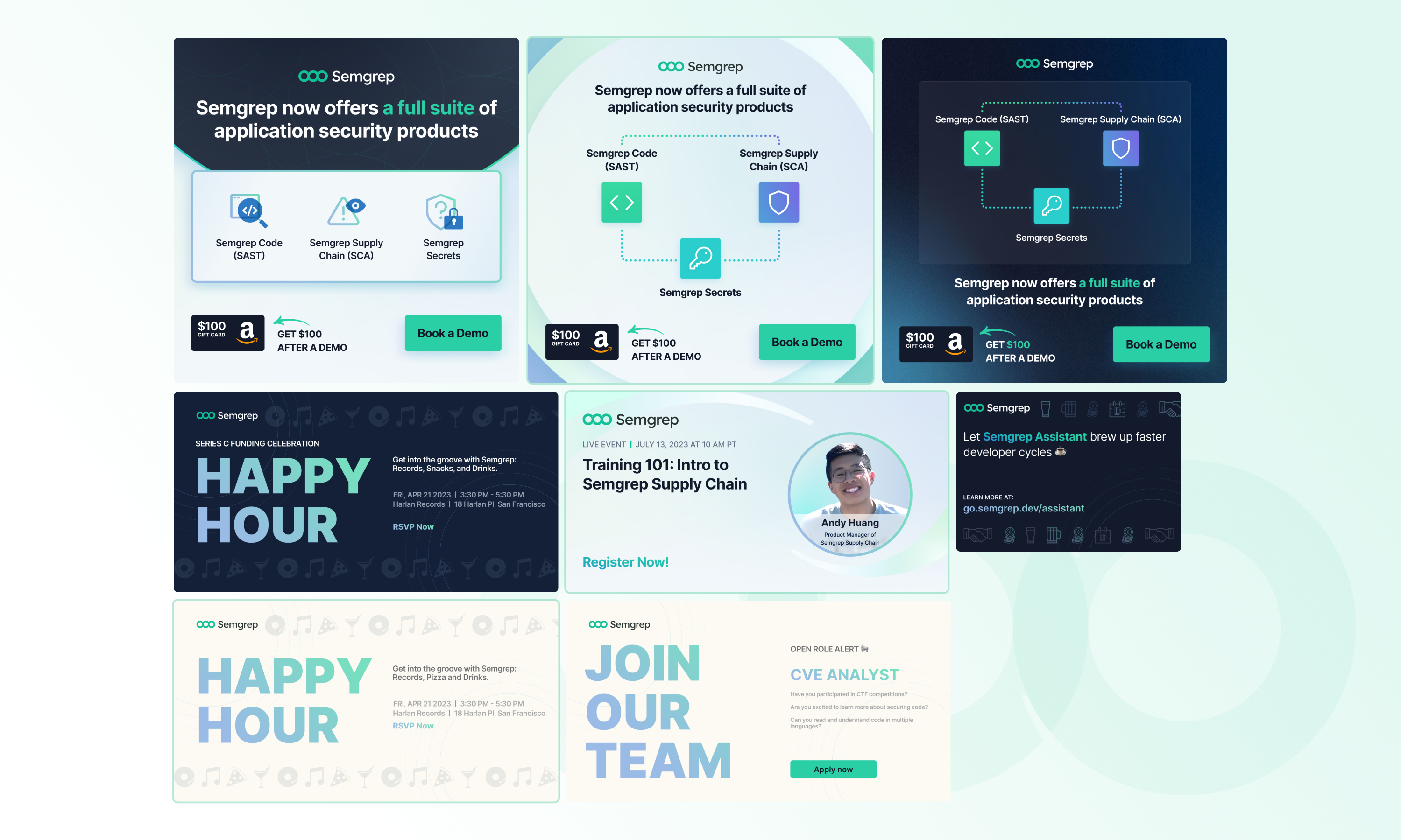 Semgrep promotional graphic showcasing application security products, events, and job opportunities.