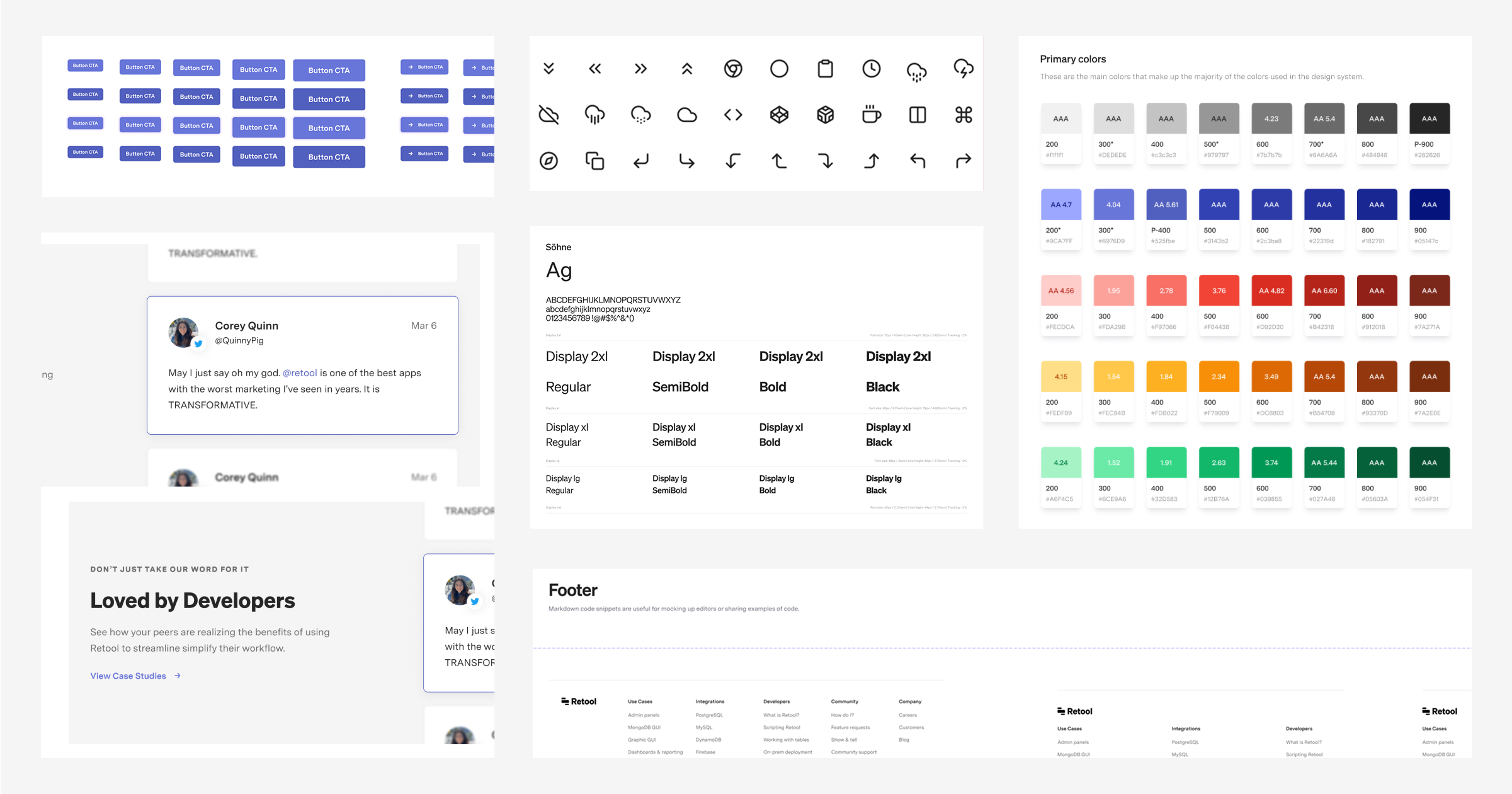 Design system components including buttons, icons, typography, and color palettes displayed in a structured layout.