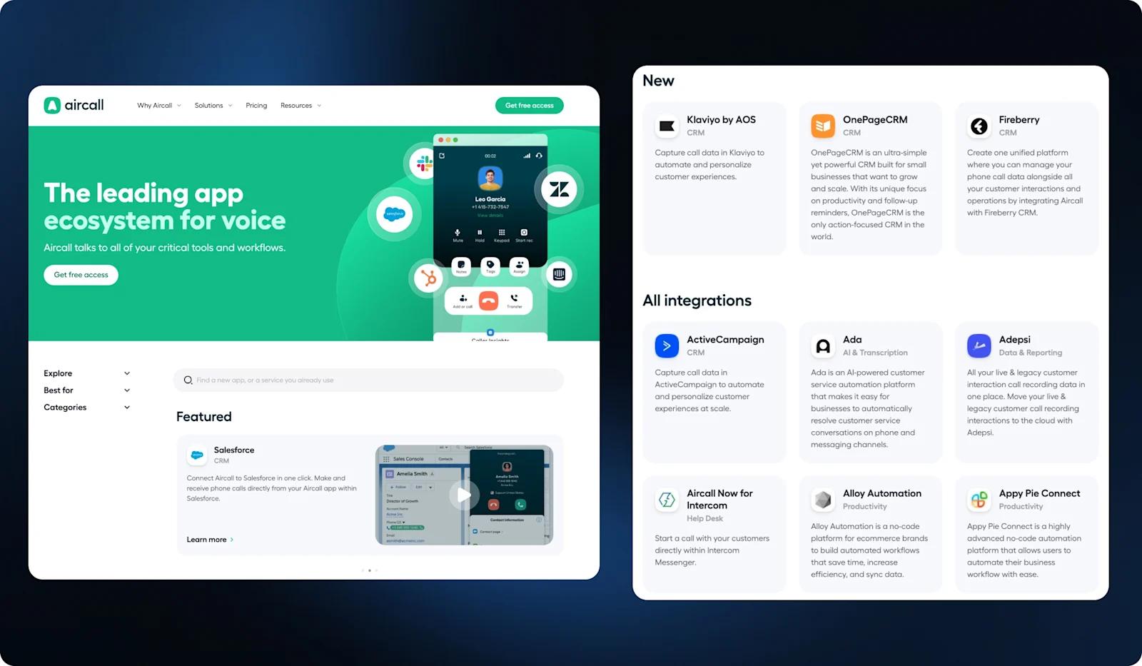 aircall integrations Aircall website showcasing app ecosystem for voice, featuring integrations and CRM solutions for businesses.