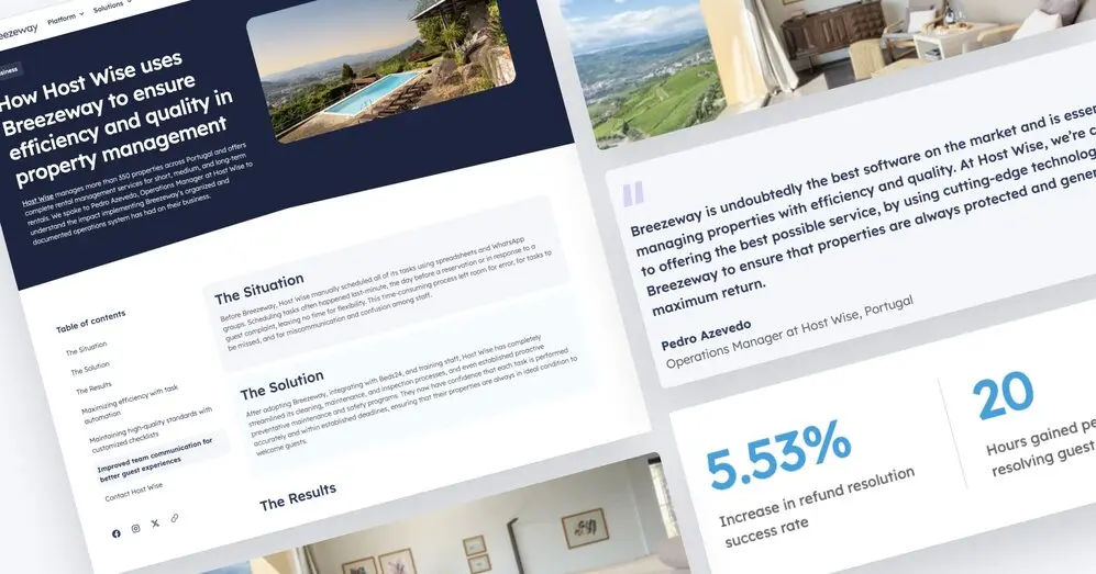 Screenshot of a webpage detailing how Host Wise utilizes Breezeway for property management efficiency and quality.