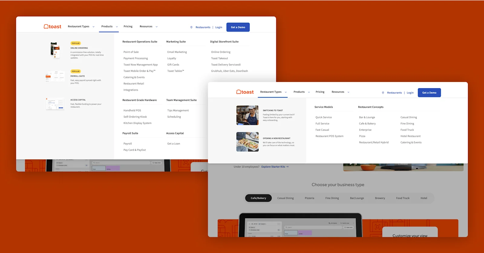 Screenshot of the Toast website showcasing restaurant products, services, and business types with an orange background.