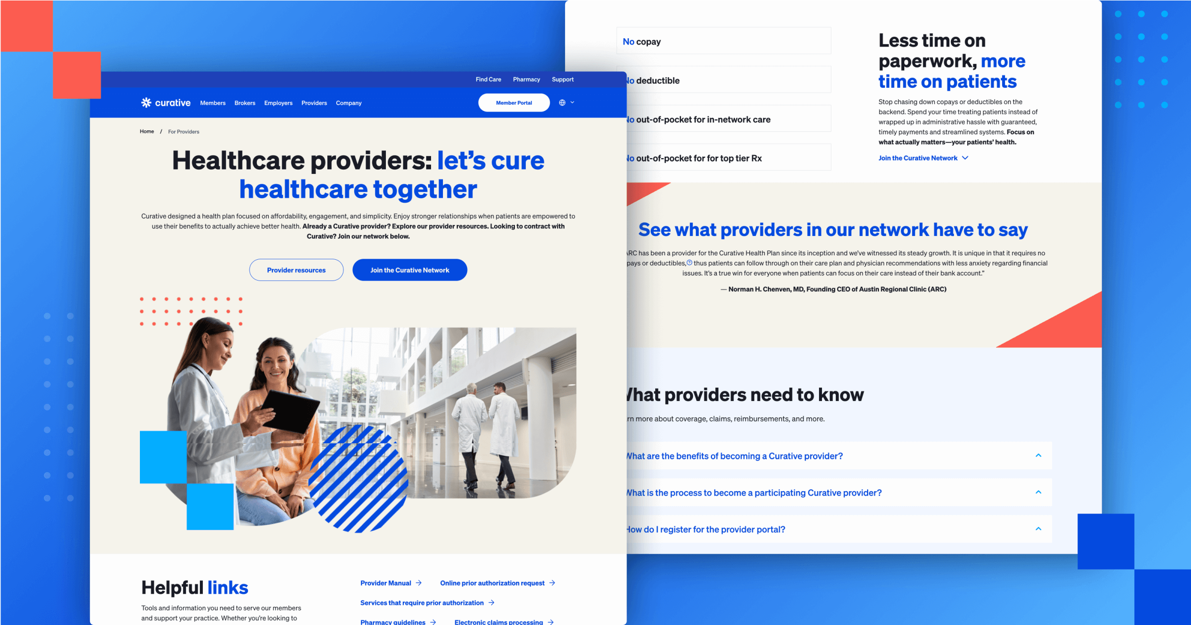 Curative healthcare website showcasing provider resources and tools for enhancing patient care and simplifying administrative tasks.