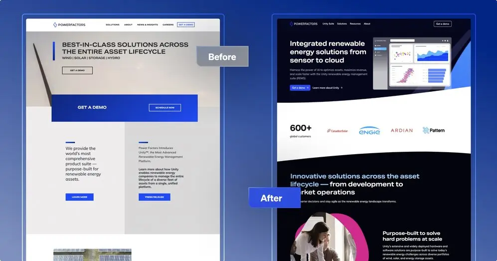 Comparison of PowerFactors website redesign: before and after showcasing enhanced features and modern layout.