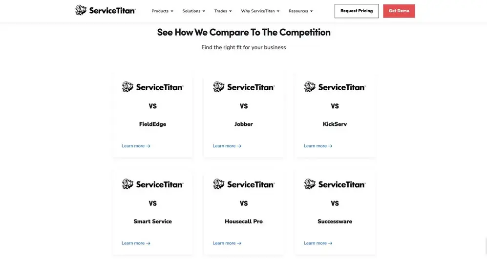 ServiceTitan comparison page showcasing various competitors with options to learn more about each.