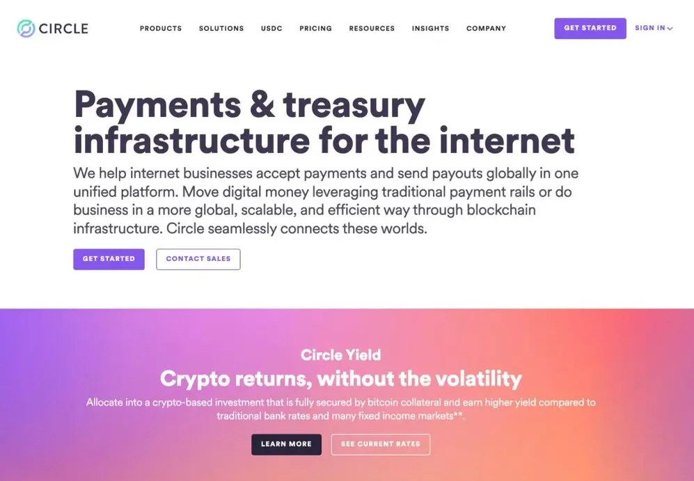 Website of Circle highlighting payment solutions and cryptocurrency yield investments.
