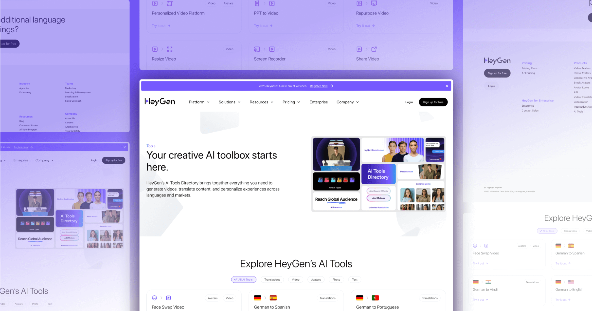 Screenshot of HeyGen's AI tools directory, showcasing video creation, translation, and user interface features.