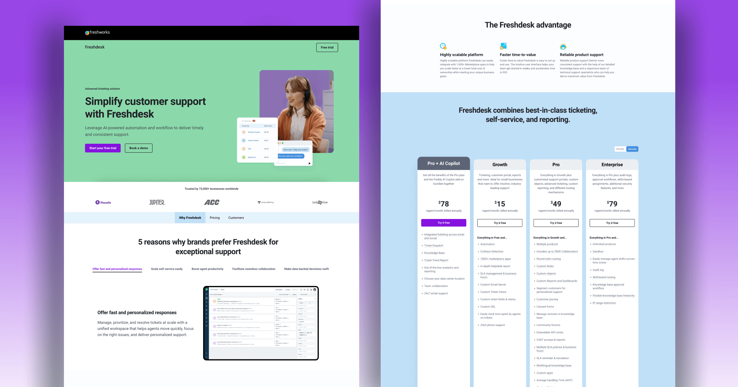 Freshdesk's homepage displays customer support solutions, pricing plans, and features for various business needs.