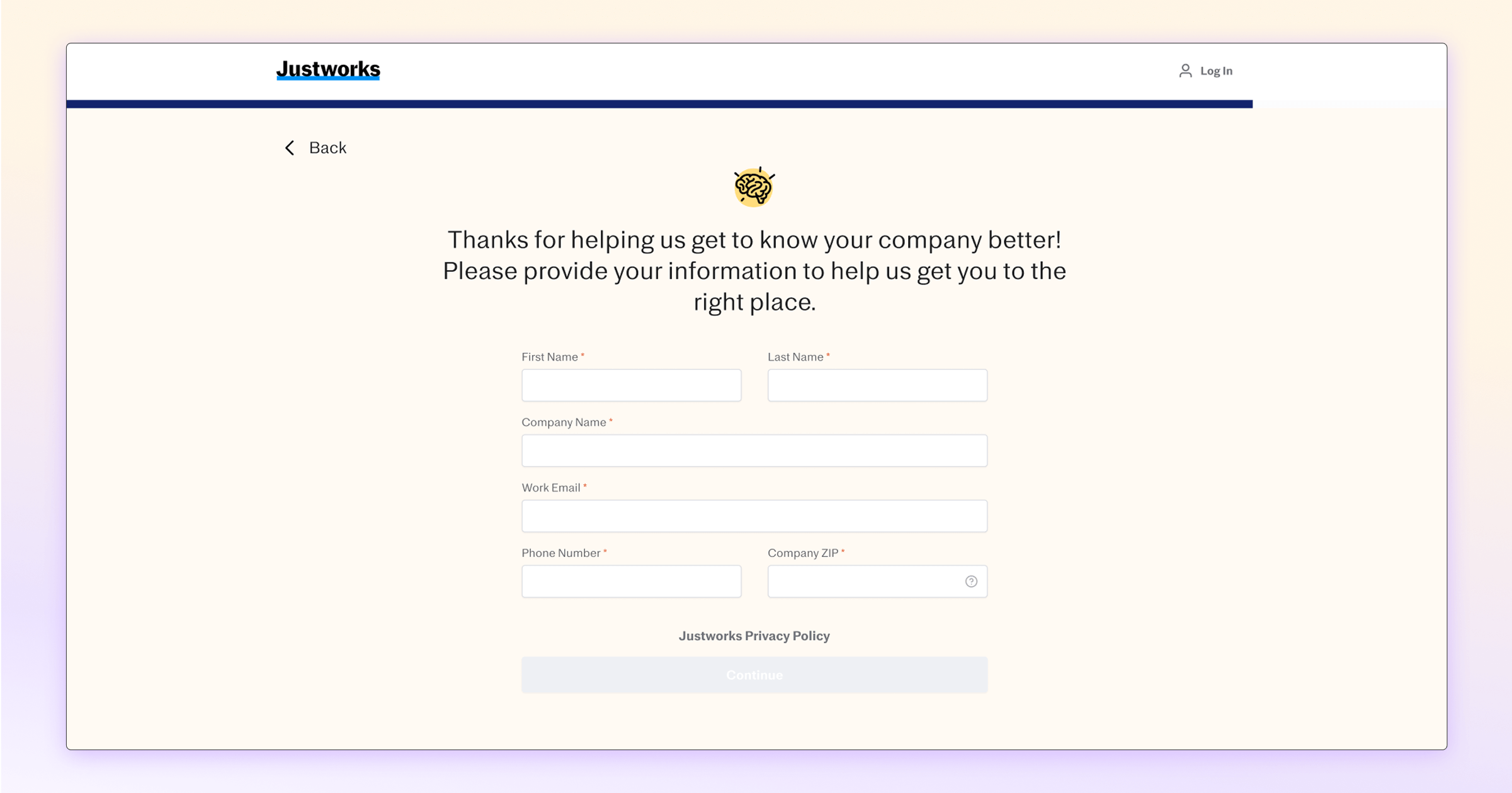 Form asking for company information, including name, email, and phone number, with a privacy policy link.