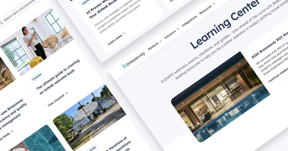Website layout featuring Breezeway's Learning Center with various resources and images related to property management.