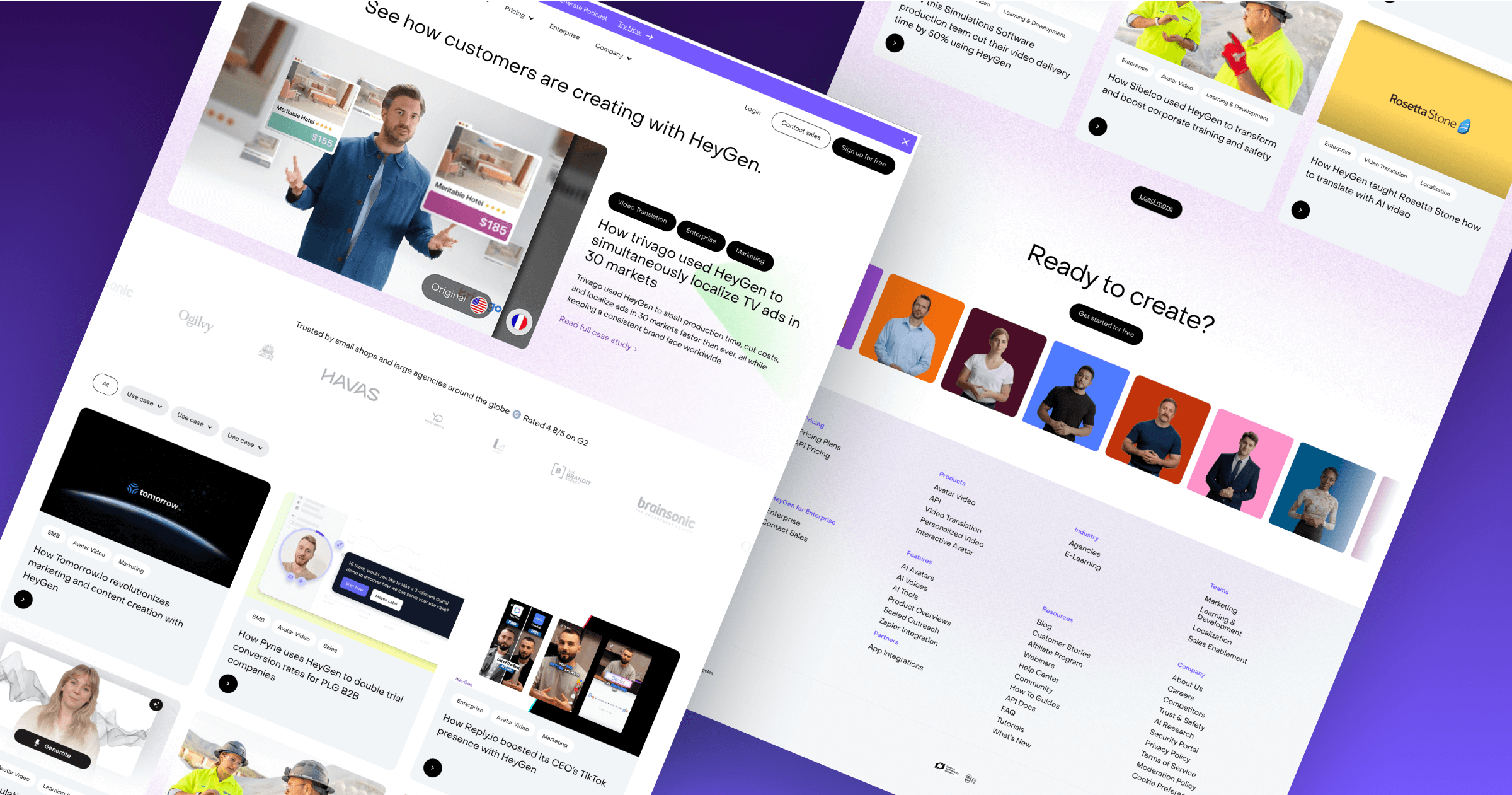 Website interface of HeyGen showcasing customer case studies and video creation features.