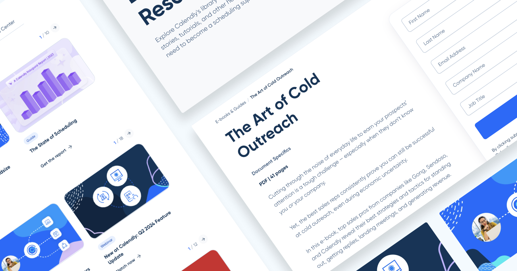 A digital resource page featuring guides and reports on scheduling and cold outreach strategies.