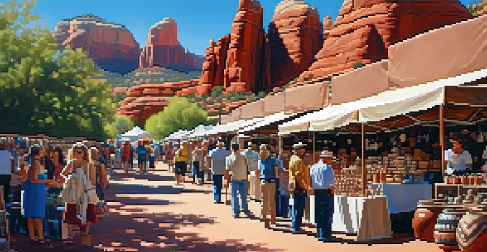 An outdoor craft fair in Sedona with colorful booths and red rock formations in the background, showing visitors interacting with artists.