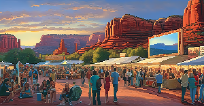 A lively film festival in Sedona with attendees chatting, colorful banners, and a large screen showing a film against the backdrop of red rock formations during sunset.