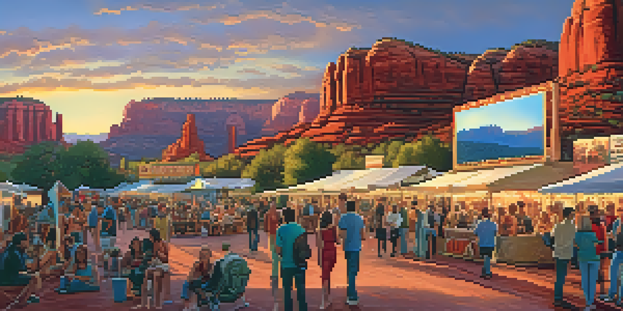 A lively film festival in Sedona with attendees chatting, colorful banners, and a large screen showing a film against the backdrop of red rock formations during sunset.