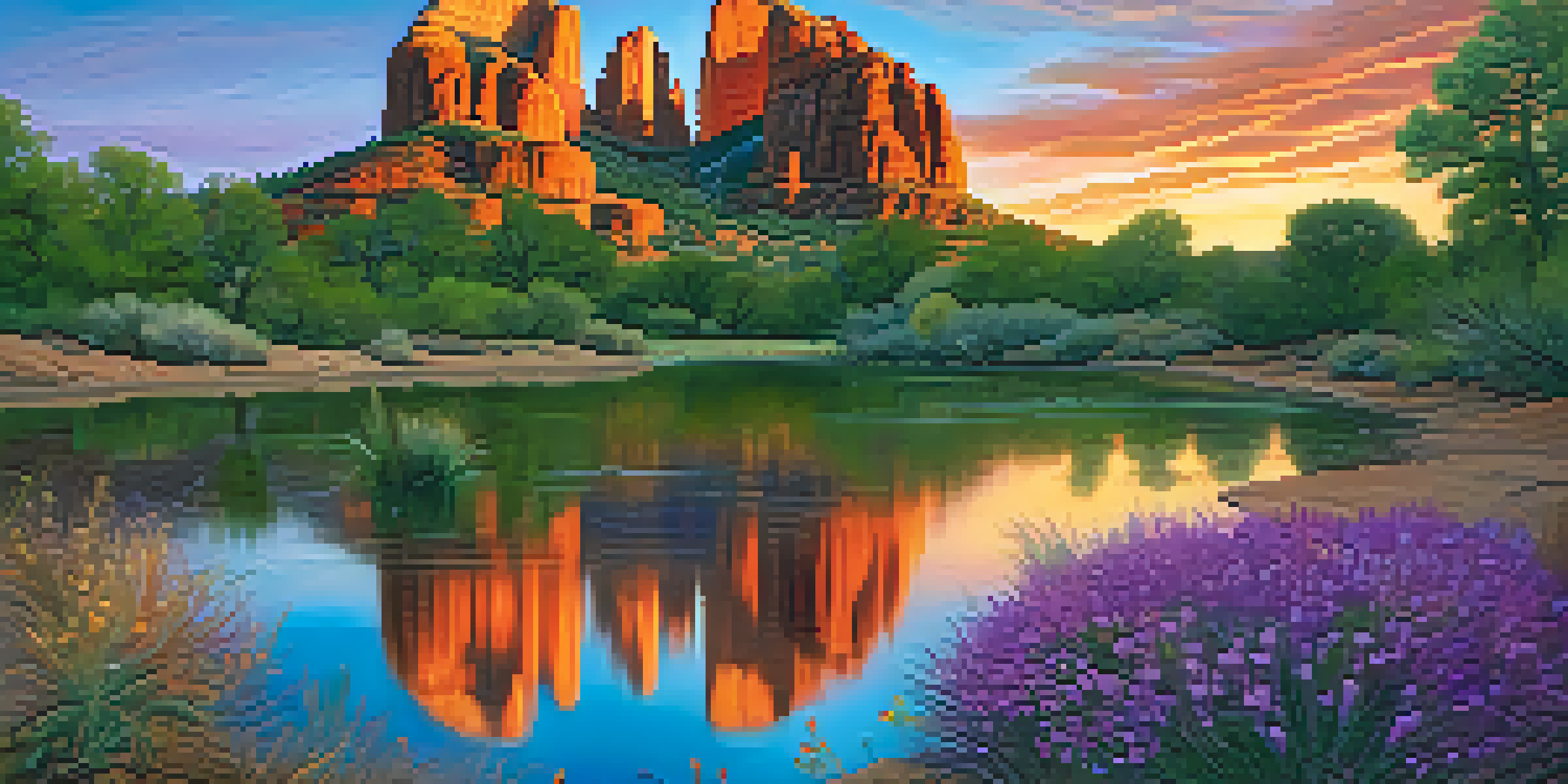 A stunning sunset view of Cathedral Rock with red rock formations, wildflowers, and a person meditating in the foreground.