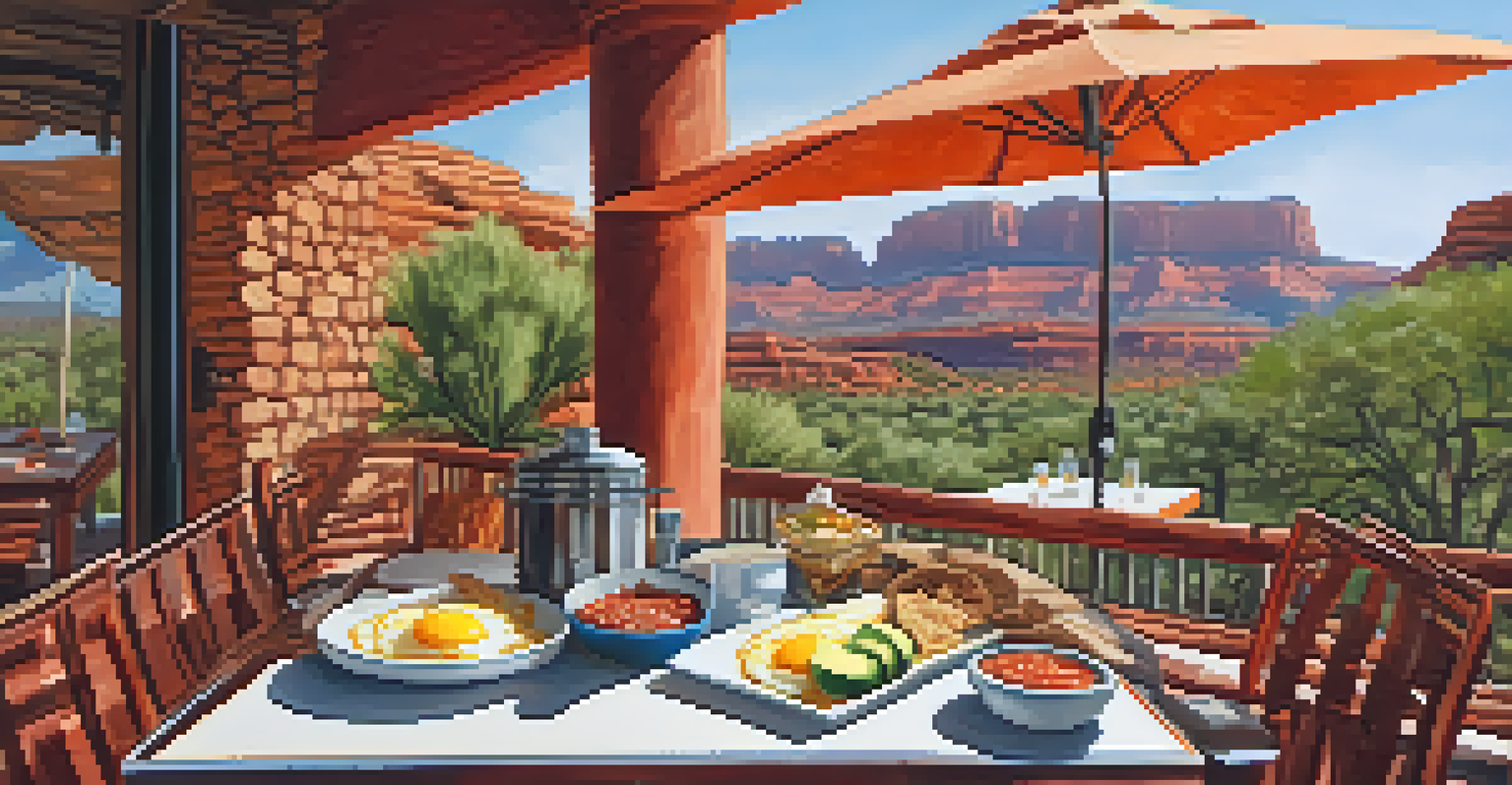 A colorful plate of Chilaquiles with eggs and avocado, set against a breathtaking red rock landscape in Sedona.