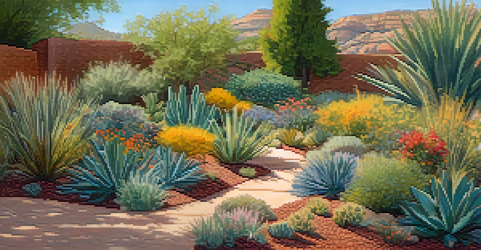 A close-up view of a drought-tolerant garden with native plants and colorful flowers.