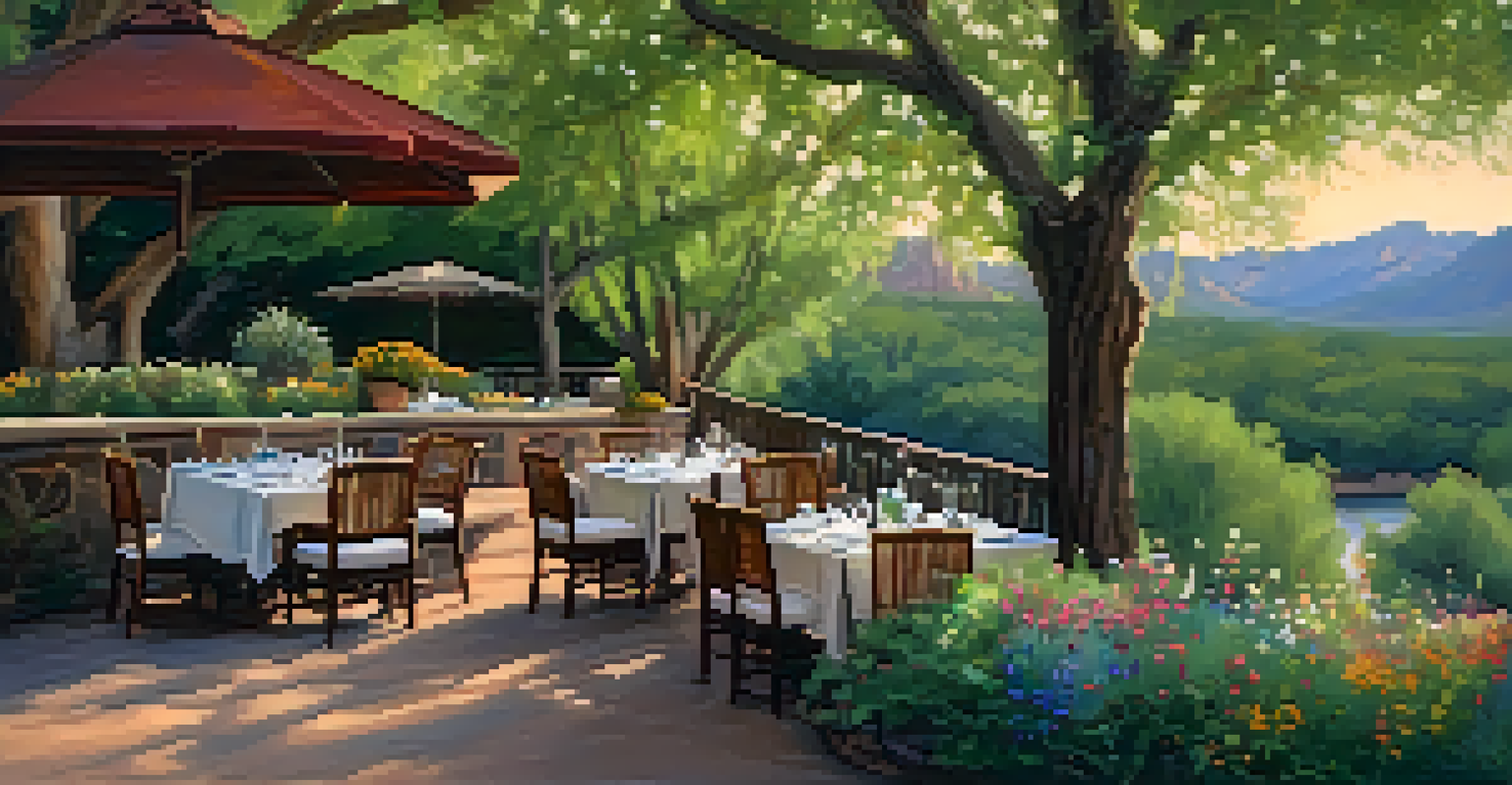 An outdoor dining area beside Oak Creek with tables set under trees and colorful flowers.