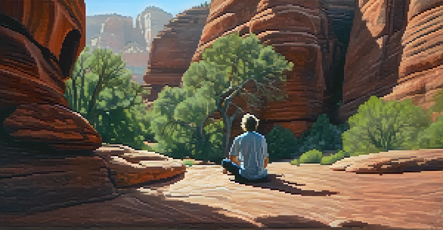 A person meditating on a rock surrounded by Sedona's towering red rock formations, with sunlight filtering through the trees.