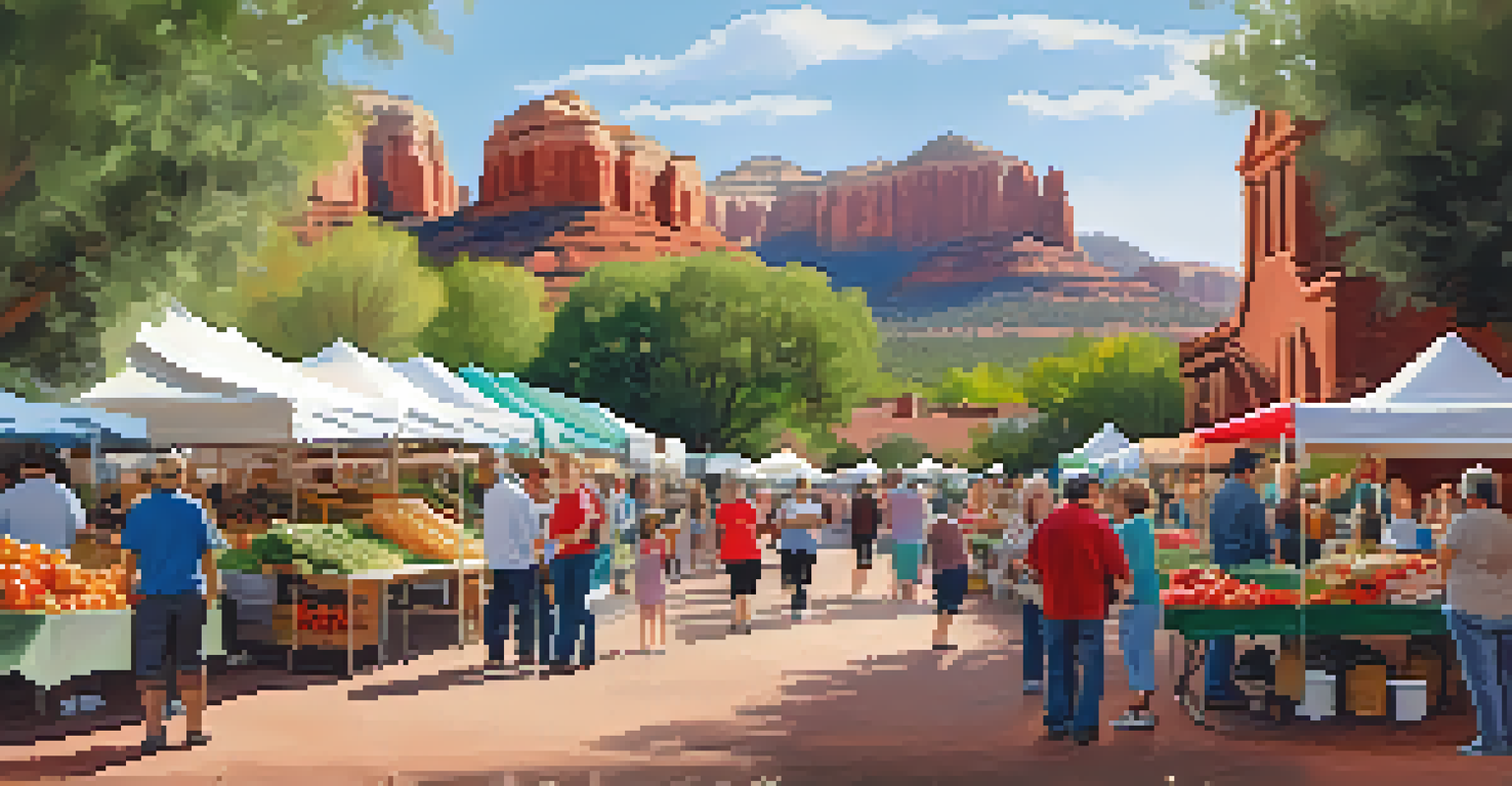 Families at the Sedona Community Farmers Market, enjoying fresh produce and participating in cooking demonstrations.