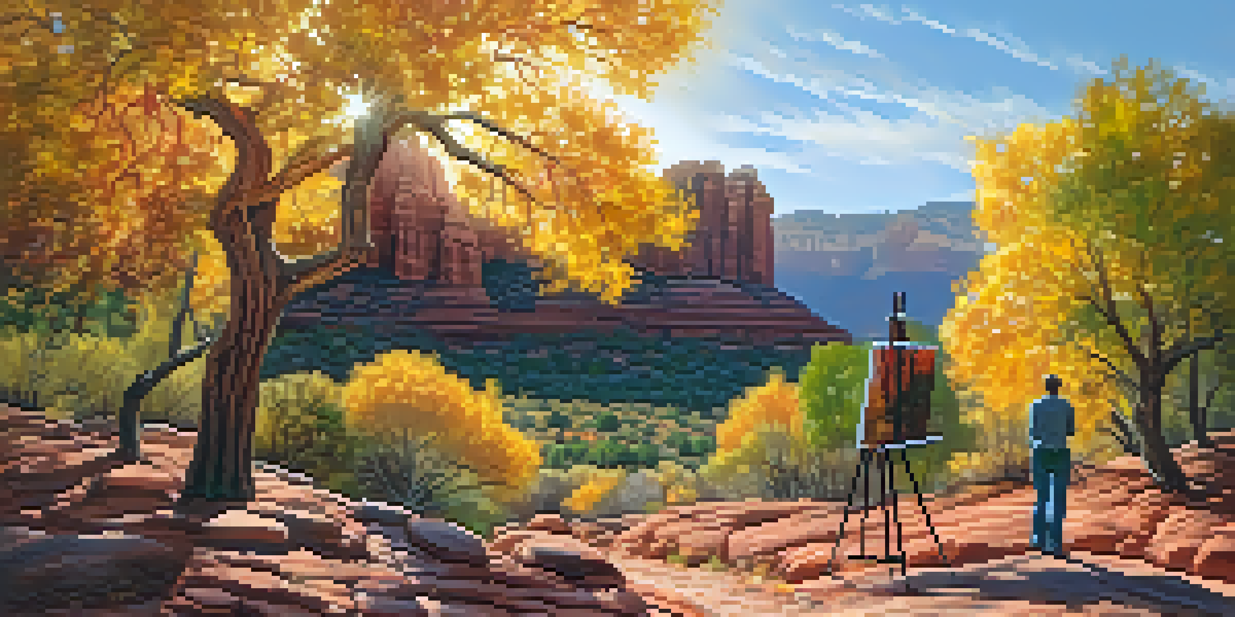 An autumn landscape in Sedona with colorful leaves and red rock formations, featuring an artist painting the scene.