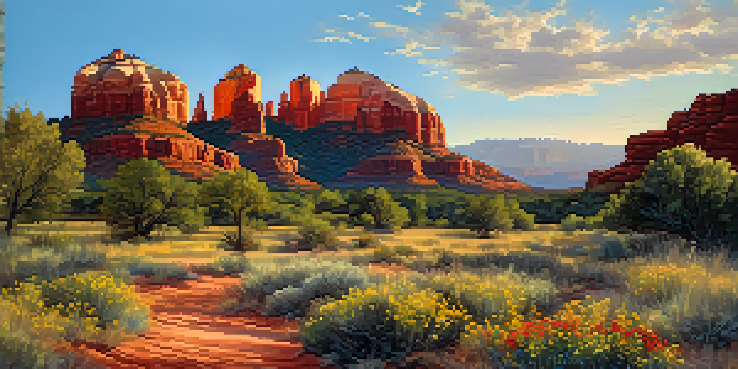 A peaceful view of Sedona's red rock formations with a flower-lined path under a clear sky.