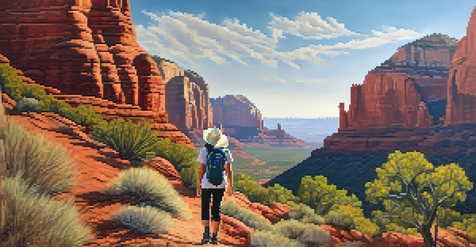 A hiker dressed in layers walking on a trail with red rock formations and the sun shining in Sedona.