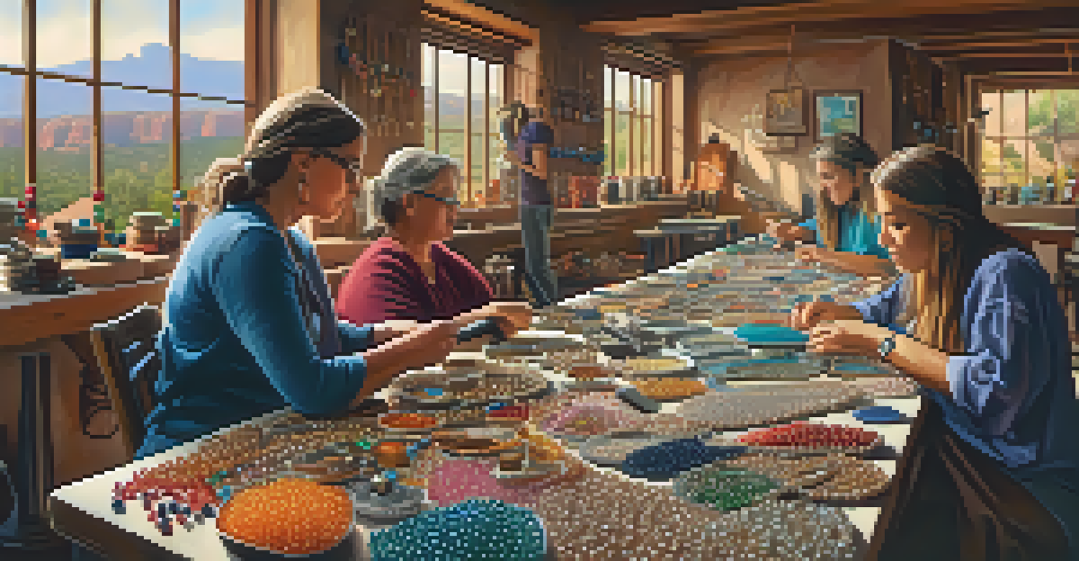 A jewelry-making workshop with an artisan teaching participants, surrounded by colorful beads and tools, with a view of Sedona's landscape.