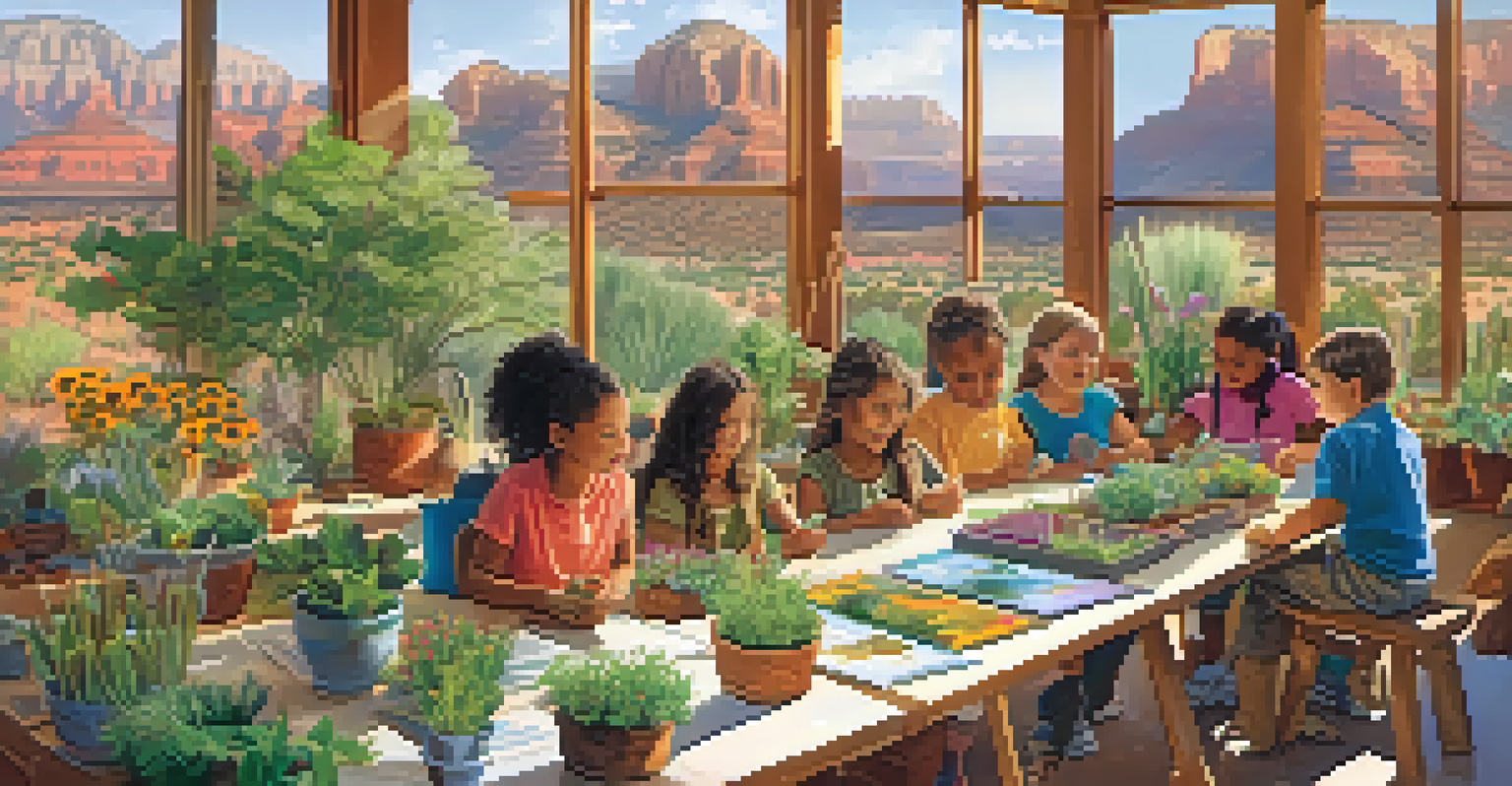 Participants attending a sustainable gardening workshop in Sedona, surrounded by native plants and educational materials.