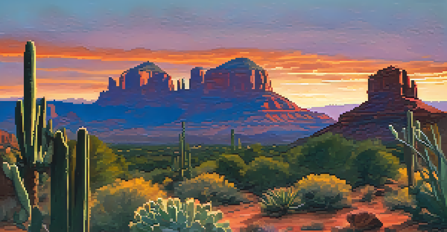 A stunning sunset over the high desert landscape of Sedona, with vibrant colors and silhouetted cacti.