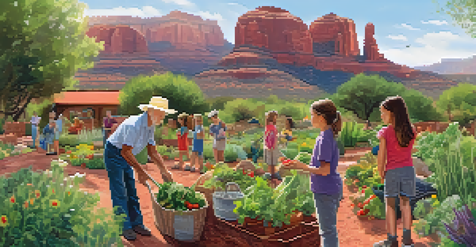 Children and older adults in a Sedona community garden, sharing gardening tips and enjoying the lush greenery and vibrant flowers.