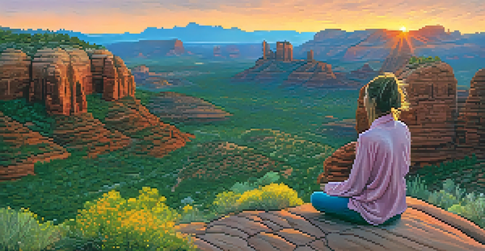 A person meditating on a rocky outcrop during sunset, with red rock formations and colorful wildflowers surrounding them.