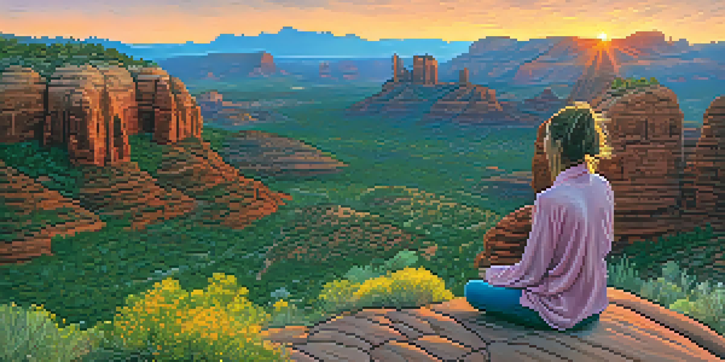 A person meditating on a rocky outcrop during sunset, with red rock formations and colorful wildflowers surrounding them.