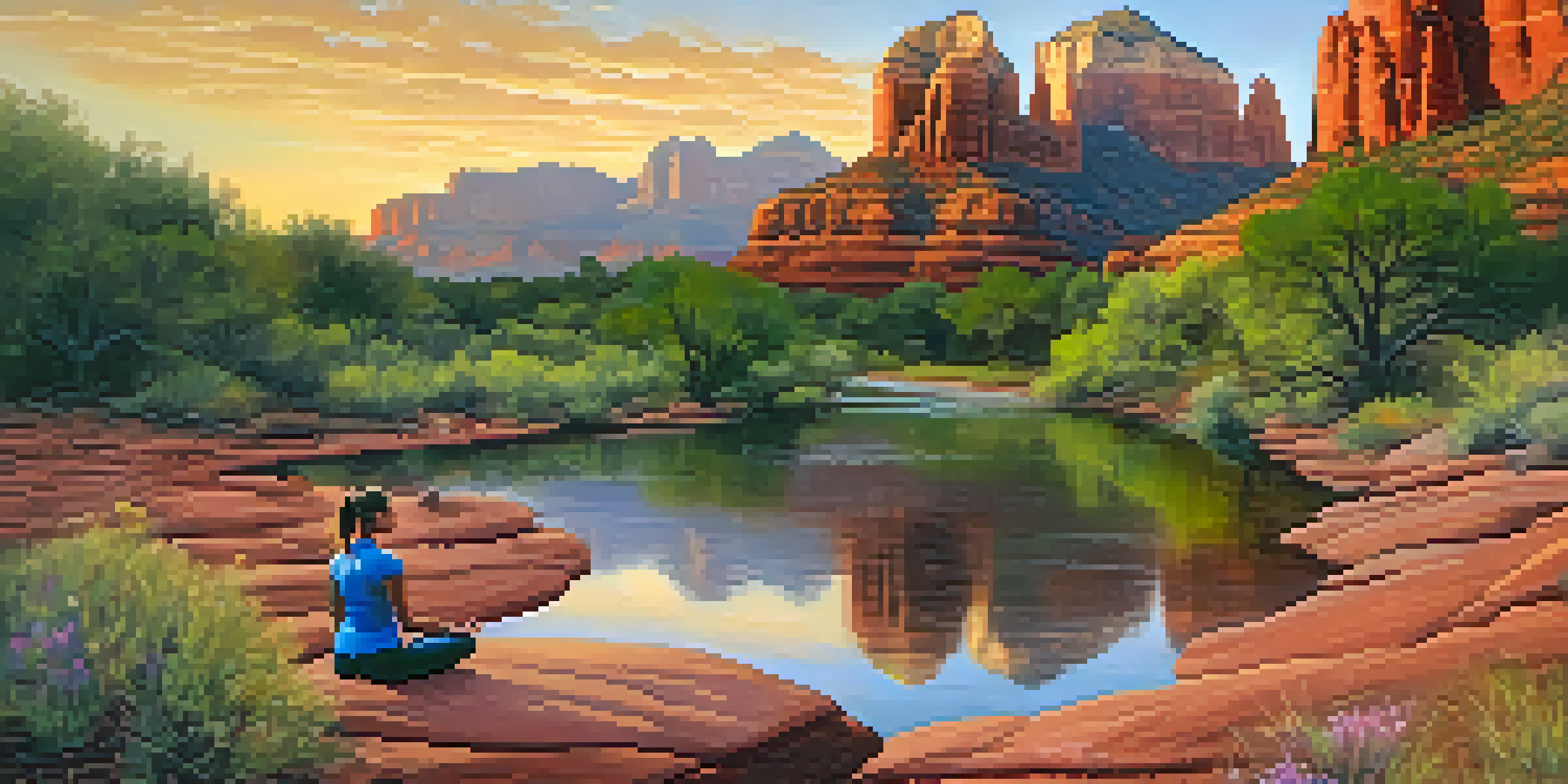 A person practicing yoga on a rock beside a peaceful creek, with Sedona's red rock formations in the background during sunset.