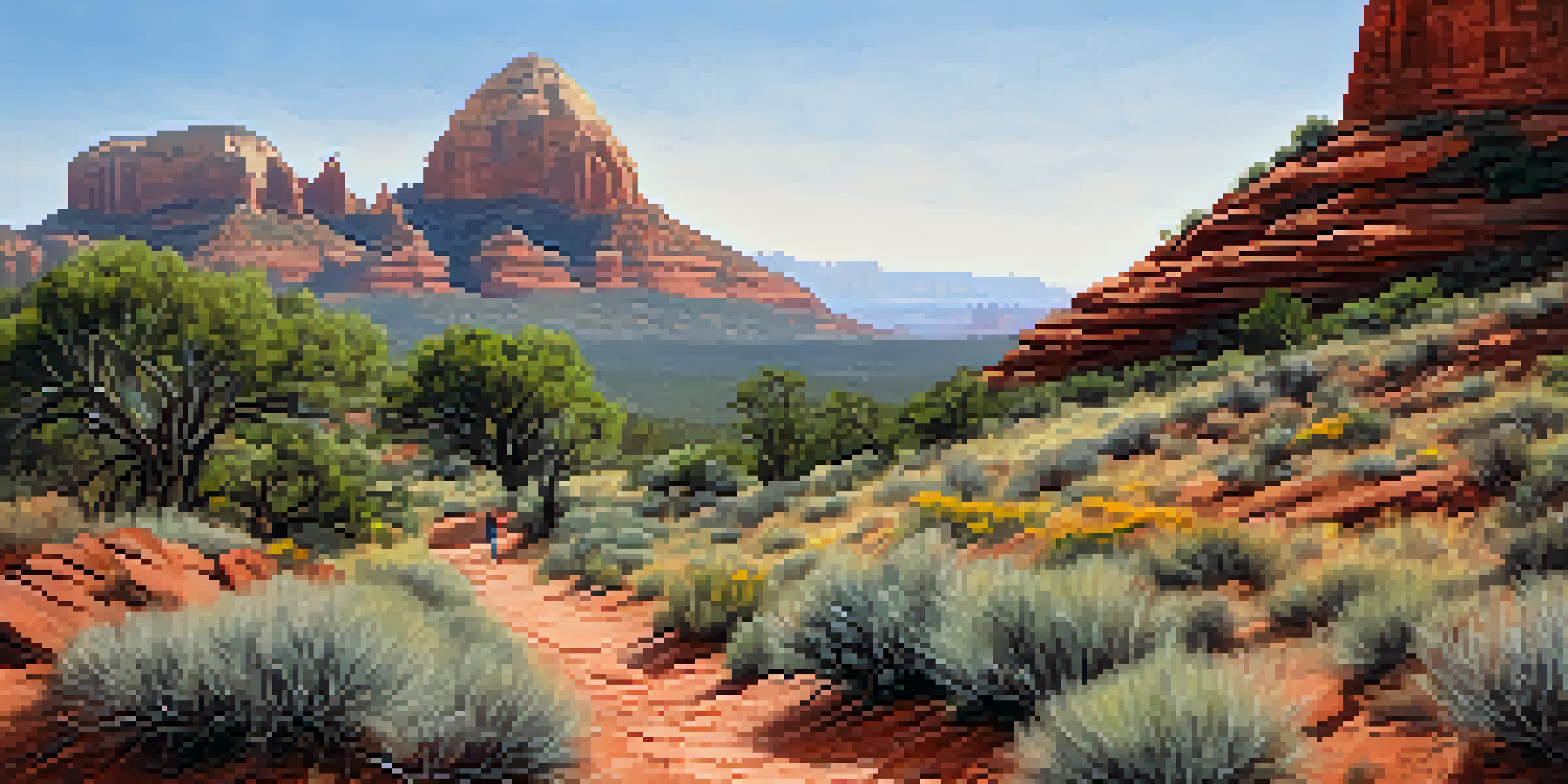 A tranquil view of the Pyramid Trail in Sedona, with red rock formations and blooming wildflowers under soft morning light.