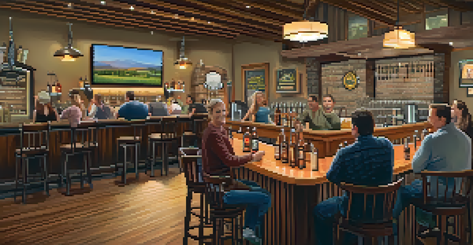 Inside Oak Creek Brewing, customers enjoy drinks at the bar with local art on the walls and a glass of amber ale in the foreground.