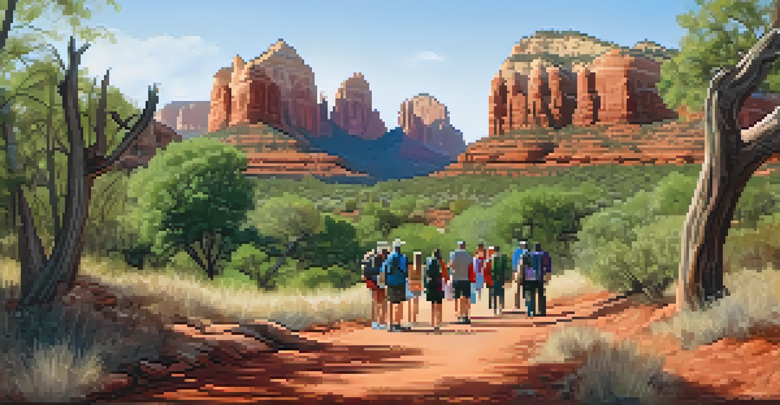 A diverse group of tourists on a guided nature walk in Sedona, observing wildlife and plants.