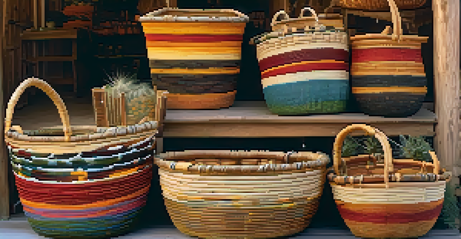 A vibrant display of Apache baskets with intricate designs in a market, showcasing natural colors and textures.