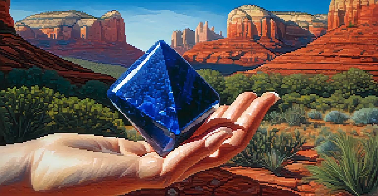 A close-up of a hand holding lapis lazuli, set against the red rock formations of Sedona.