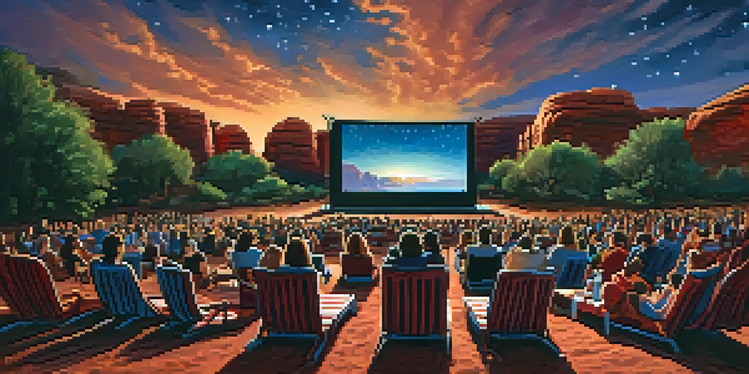An outdoor cinema at the Sedona International Film Festival featuring a large screen with a film, surrounded by attendees on blankets, under a starry sky and red rock formations.
